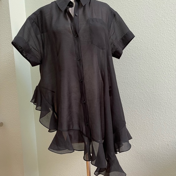 J KOO FOR BARNEYS NEW YORK RUFFLE BLOUSE SHIRT TOP BLACK ASYMETRICAL S - Picture 6 of 6